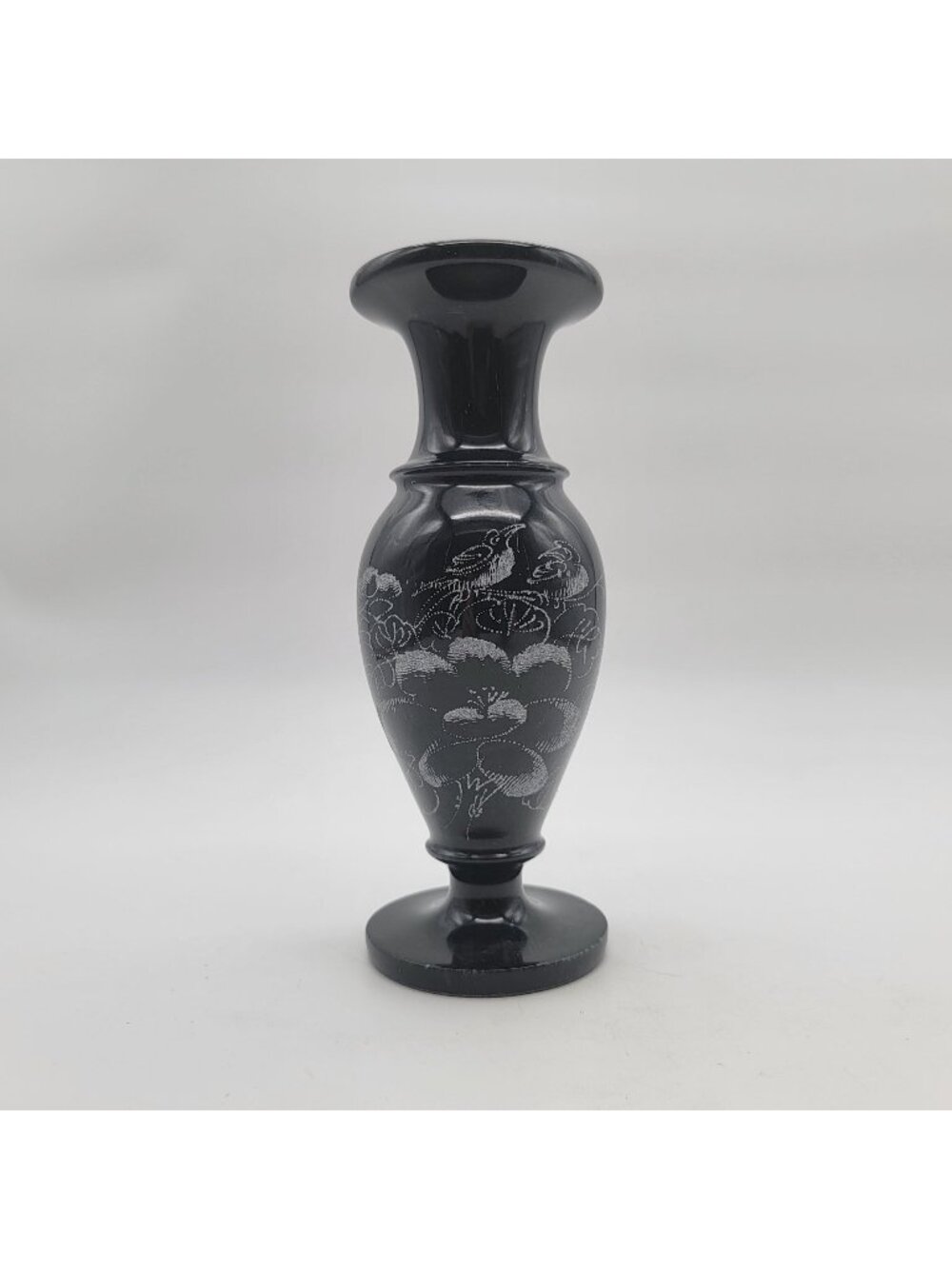 Vintage Dark Grey Marble Etched Vase Birds